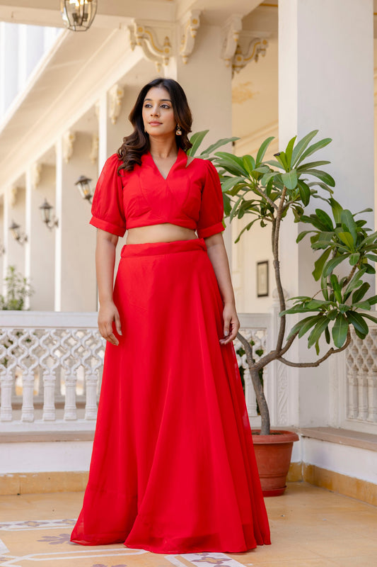 Red color georgette lehenga with blouse