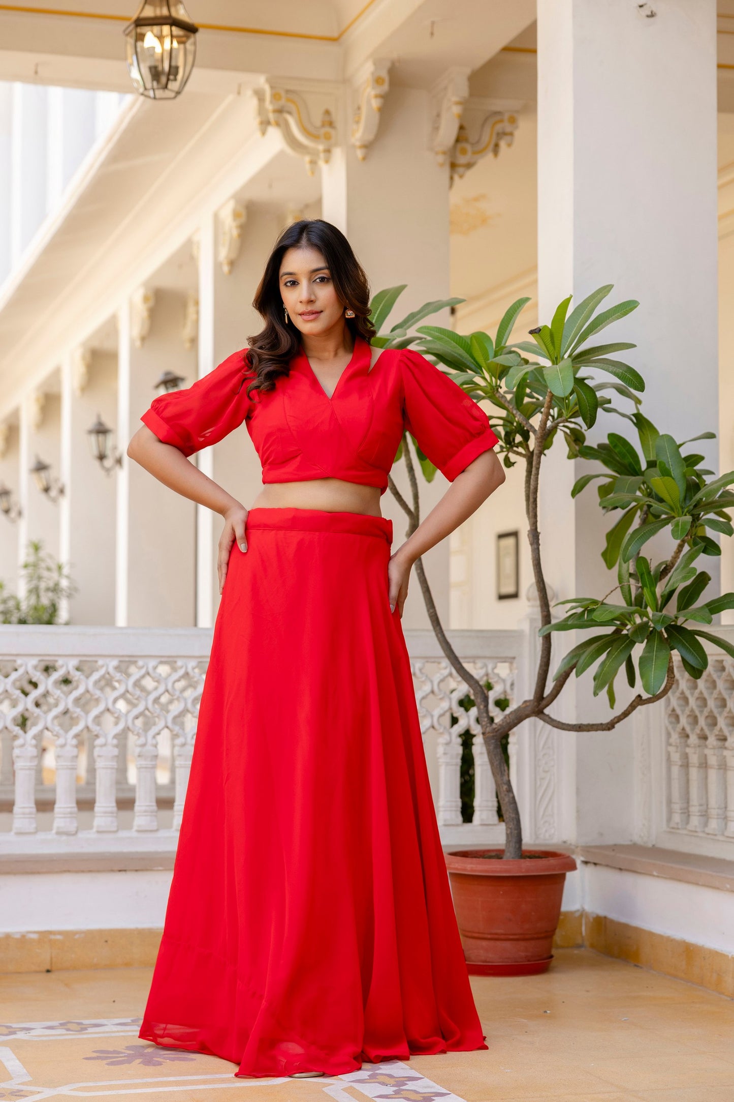 Red georgette lehenga with blouse for party