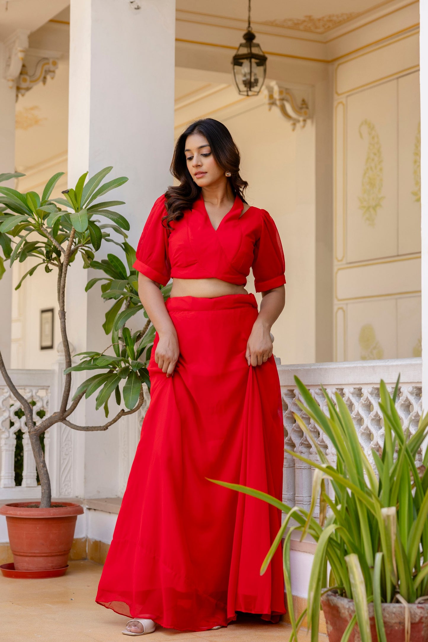 Red georgette lehenga with blouse price
