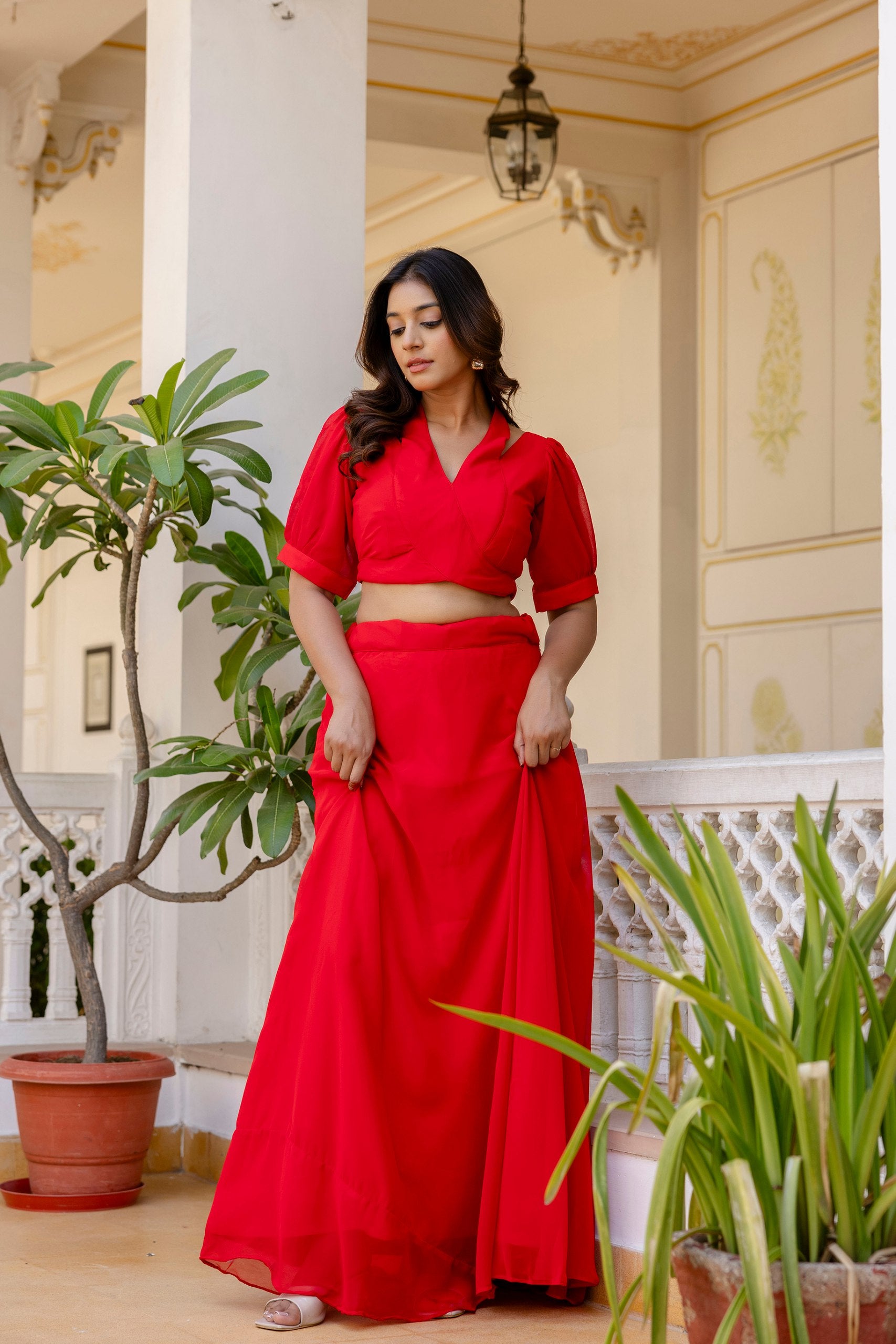 Red georgette lehenga with blouse price