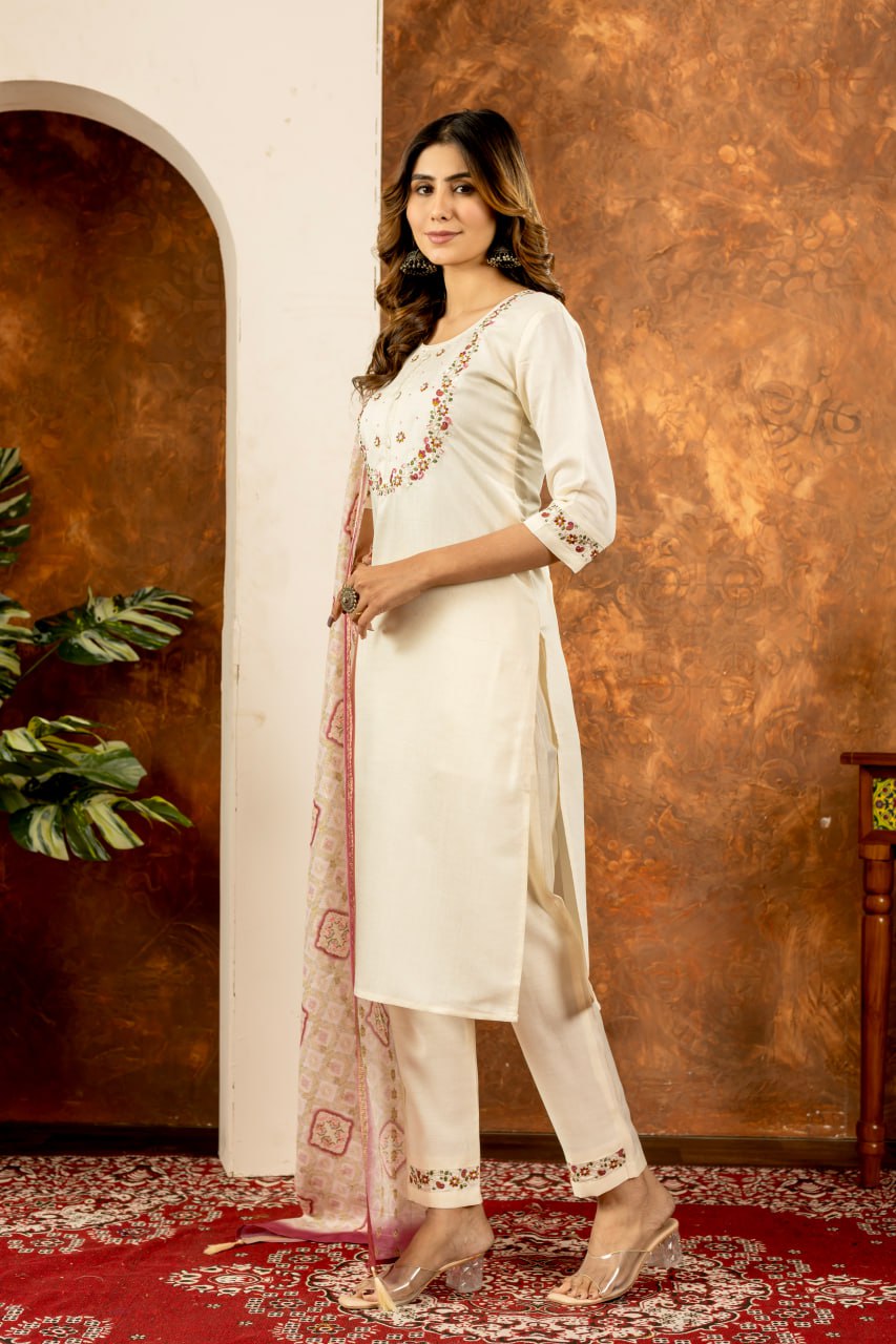 Off White color marina silk salwar kameez with dupatta