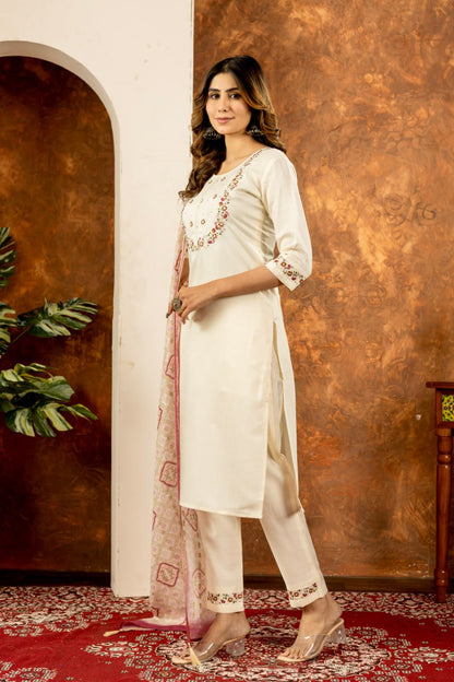 Off White color marina silk salwar kameez with dupatta