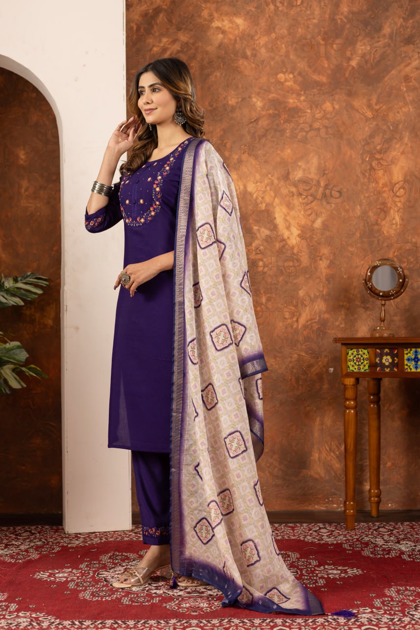 Purple color marina silk salwar suit with dupatta