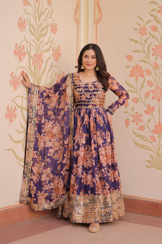 Purple color russian silk gown for women