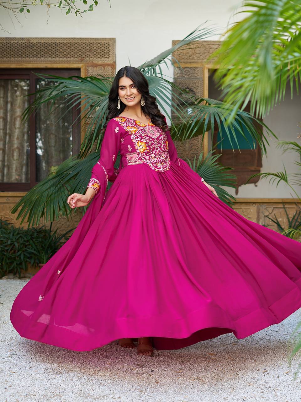 Floral pink color georgette gown for women
