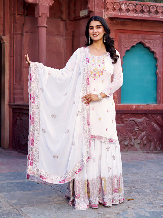 White color georgette sharara suit with dupatta
