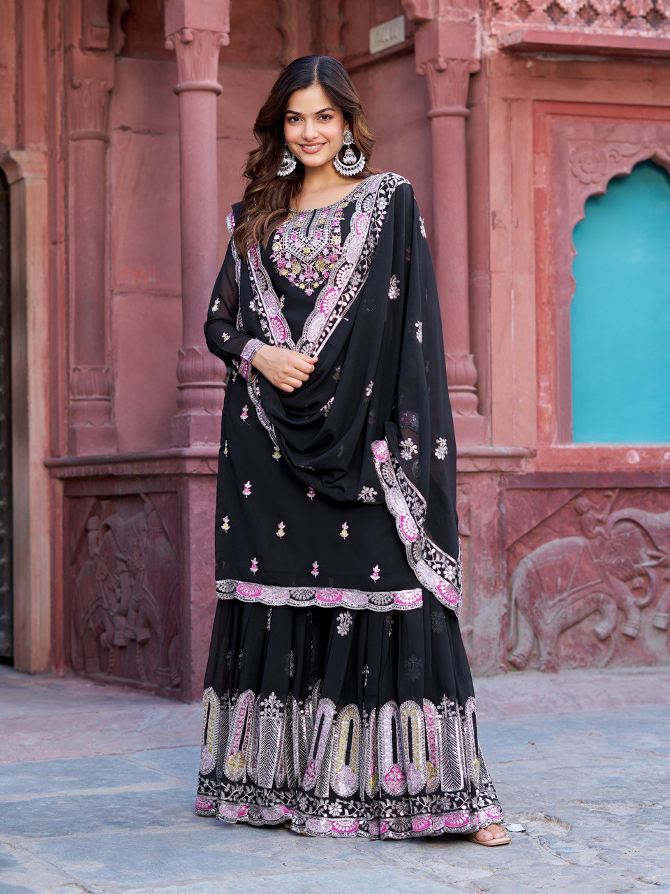 Women black color georgette sharara suit
