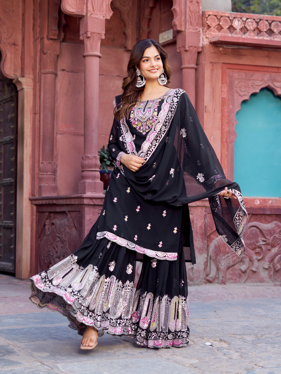 Black color georgette sharara suit with dupatta

