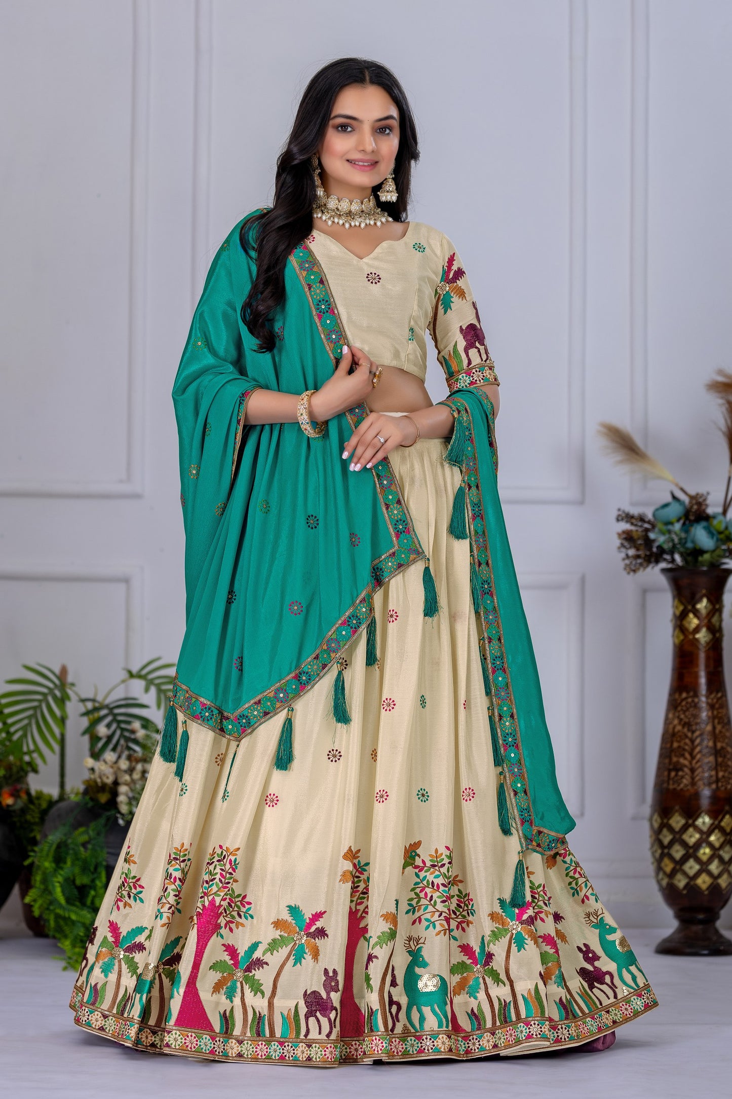 Off white color chinon silk lehenga choli 