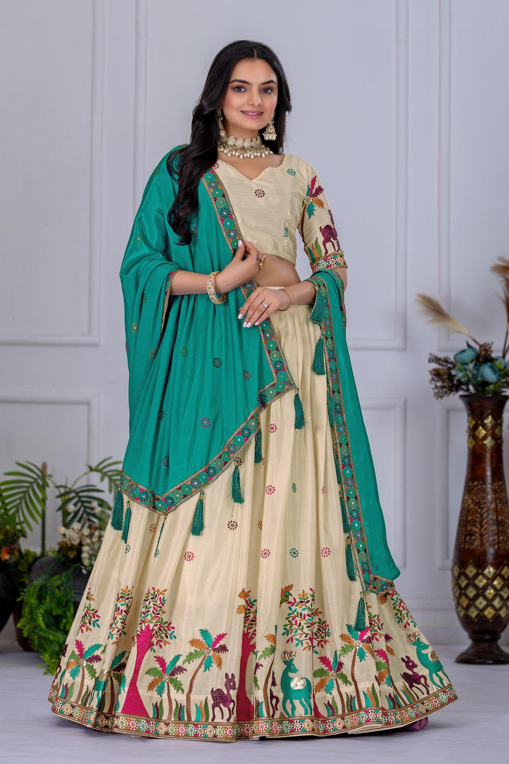 Off white color chinon silk lehenga choli 