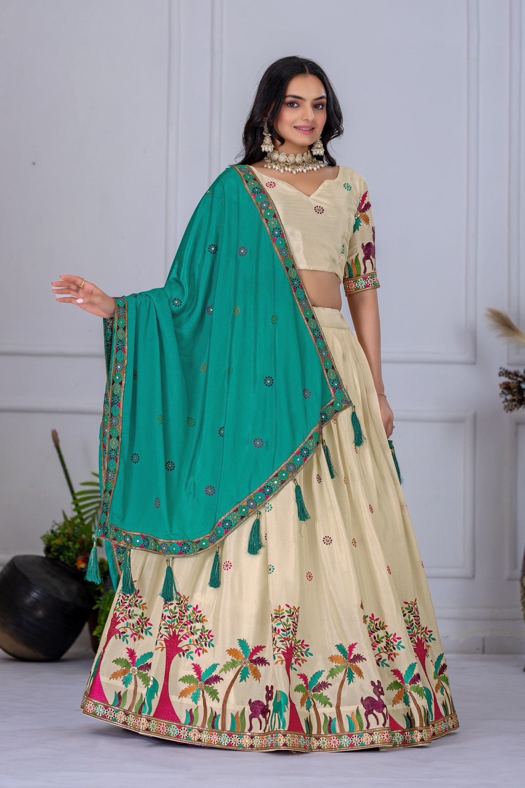 Off white color chinon silk lehenga choli USA