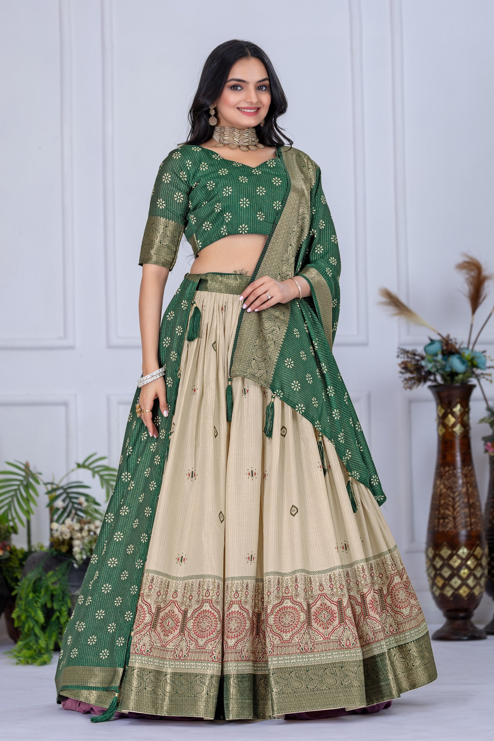 Green color jacquard lehenga choli  