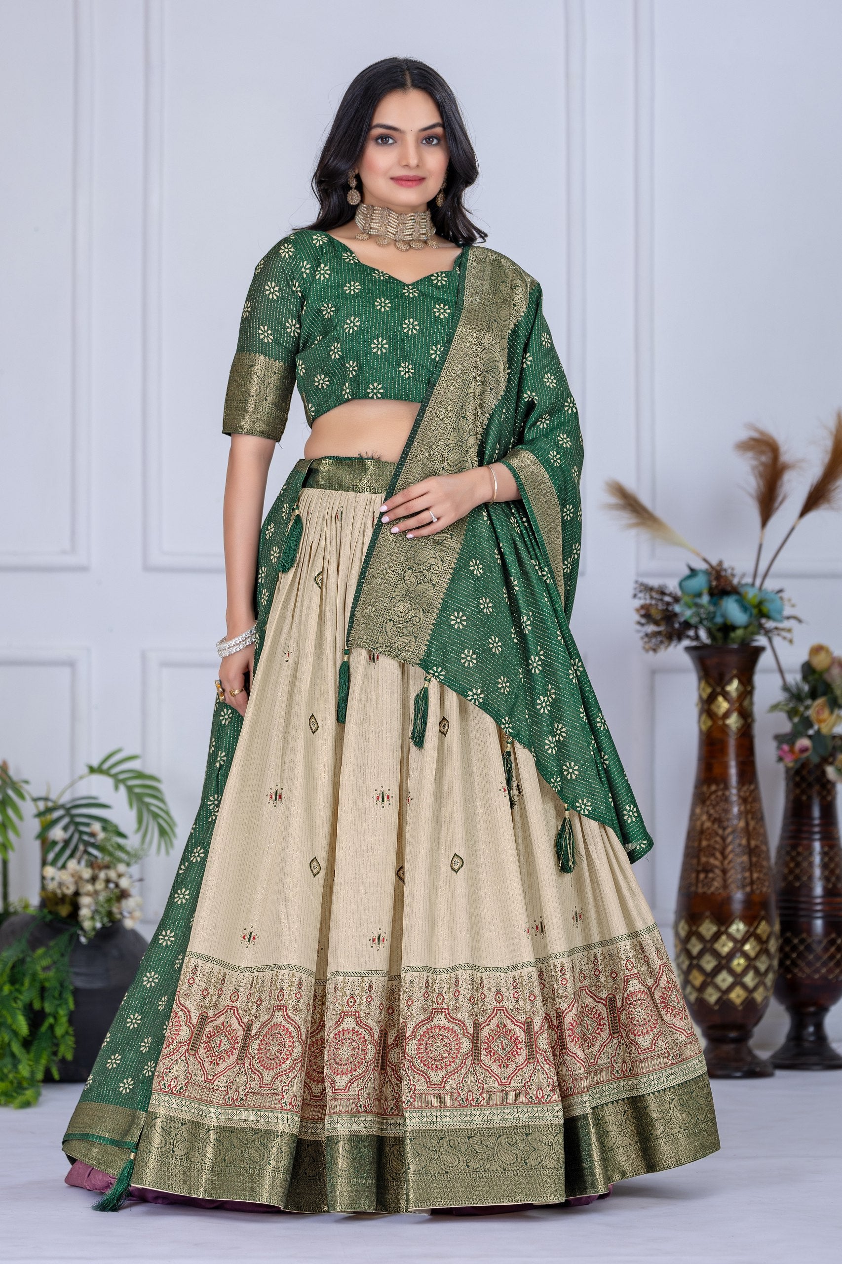 Green color jacquard weaving ghagra choli with dupatta USA