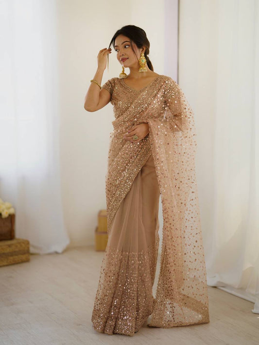 Beige color sequins work saree with blouse