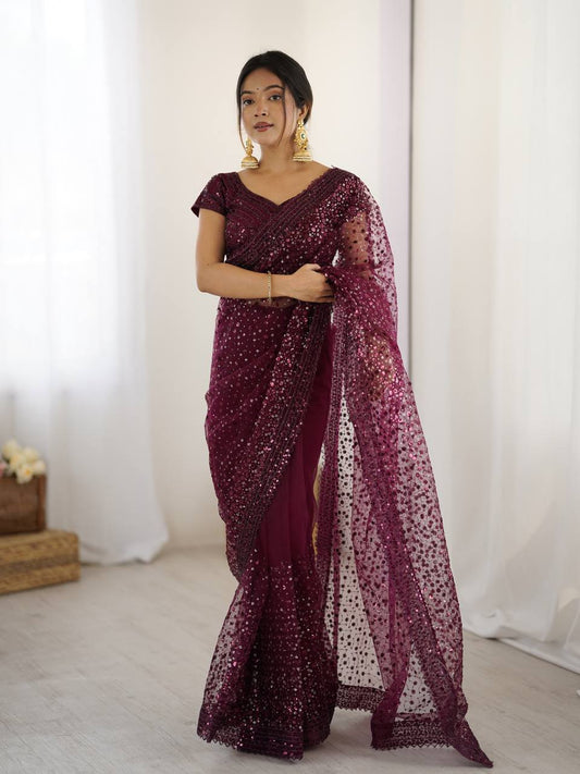 Wine color net saree with blouse