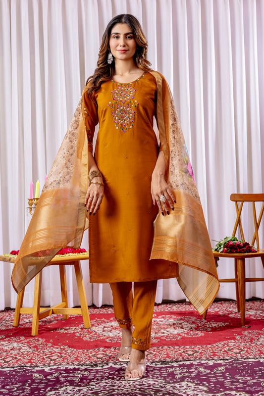 Mustard color silk salwar kameez for women with dupatta

