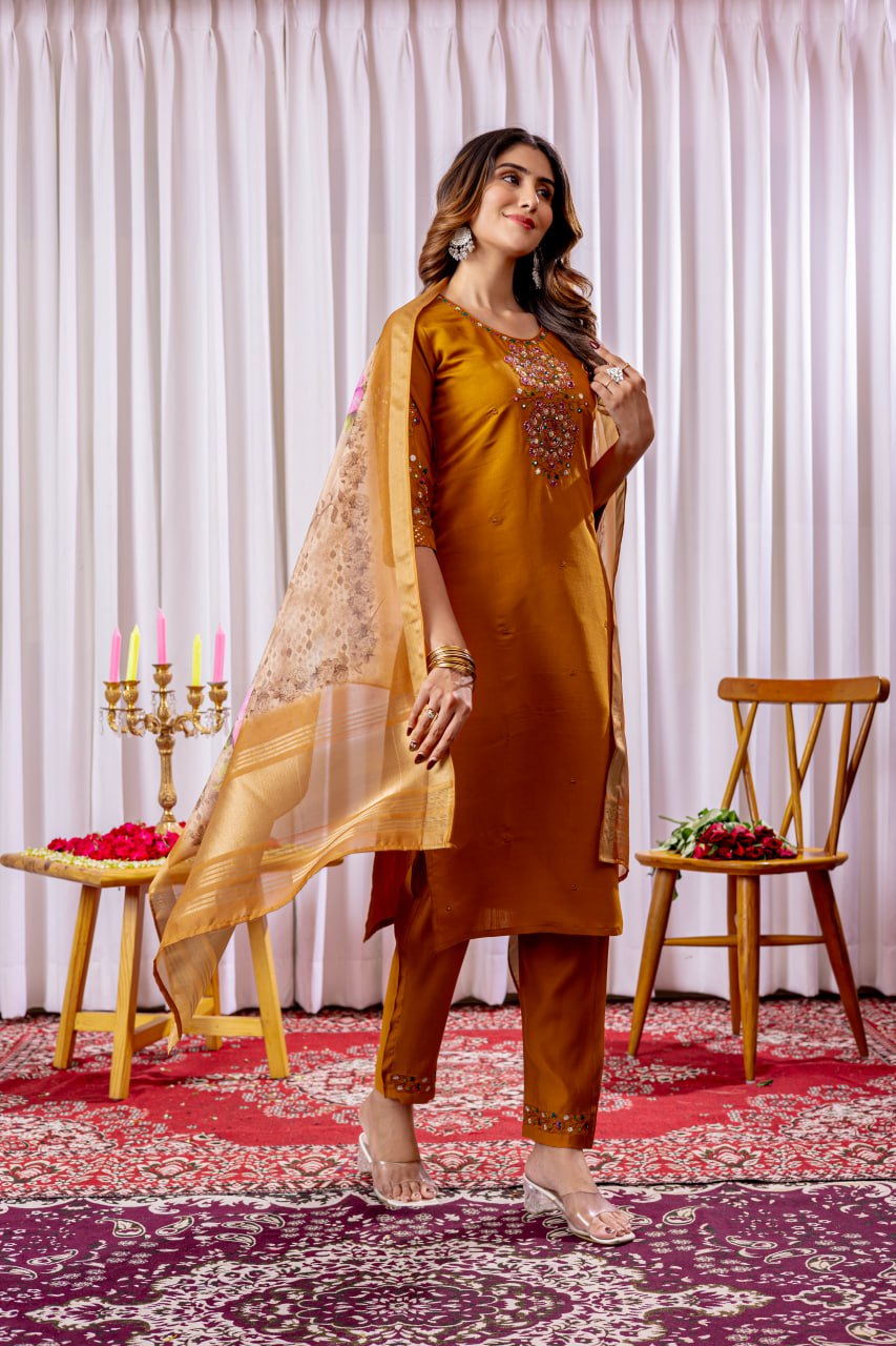 Mustard color silk salwar kameez for women online
