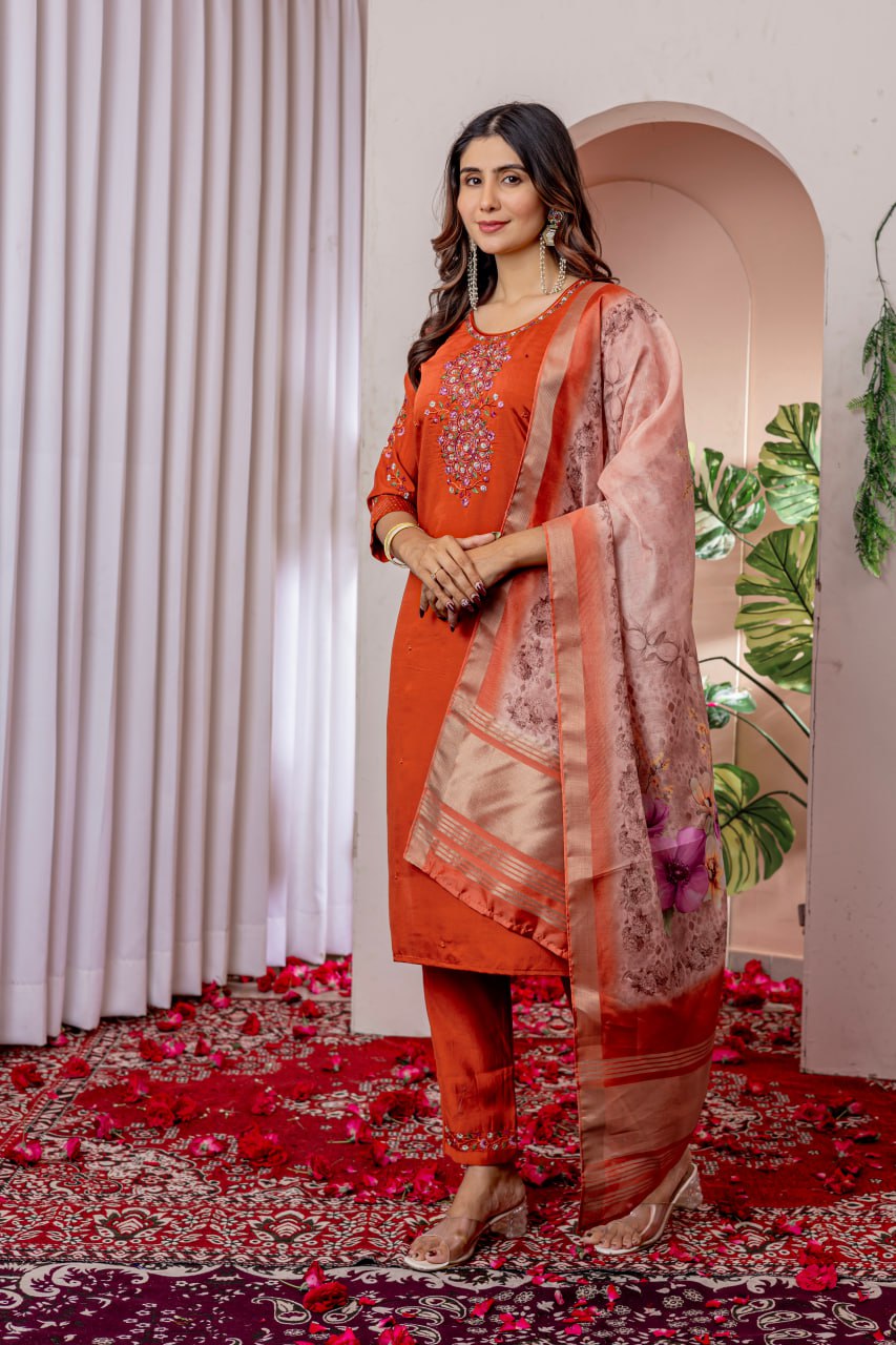 Viscose silk rust color salwar suit with dupatta