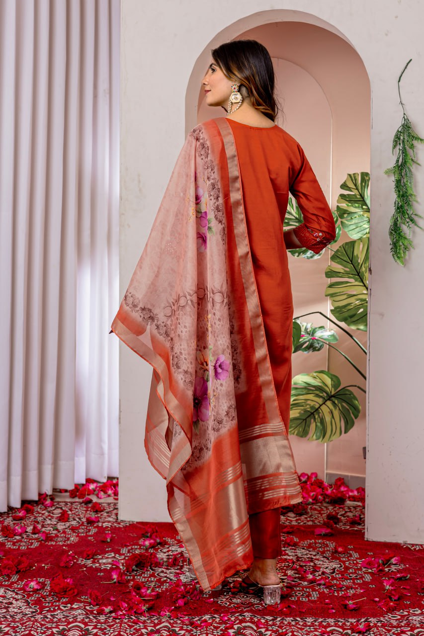 Rust Color Punjabi Suit with Dupatta
