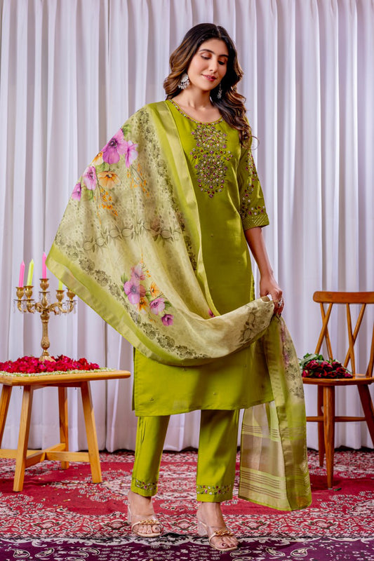 Sage green color viscose silk salwar kameez for women
