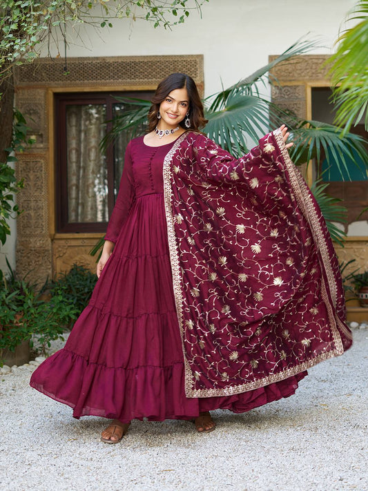 Maroon color vichitra silk gown