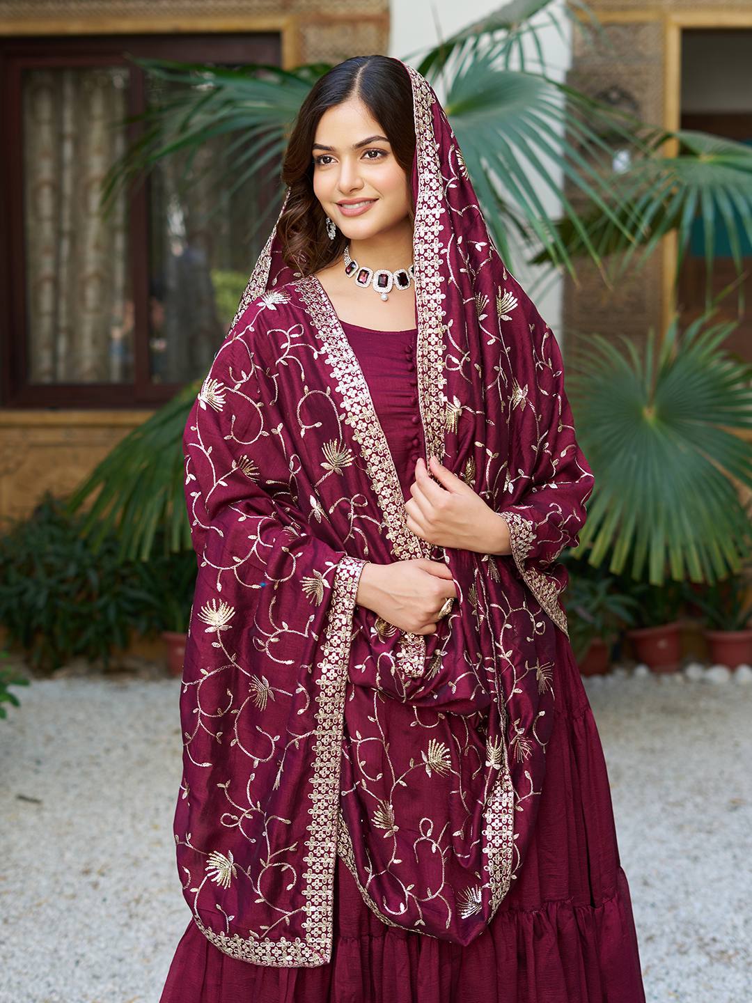 Embroidery work maroon gown price