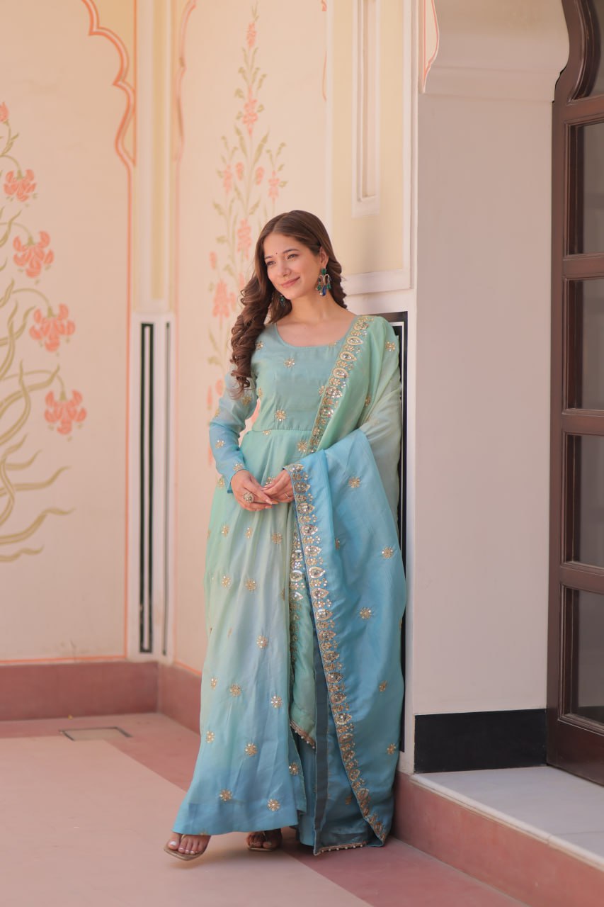 Sky color salwar suit for wedding with dupatta
