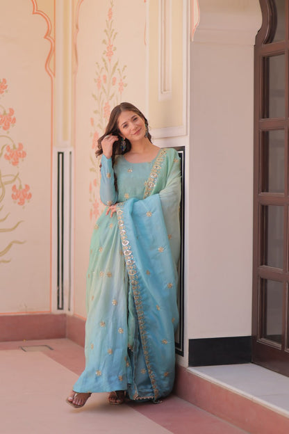 Women sky color salwar suit for wedding
