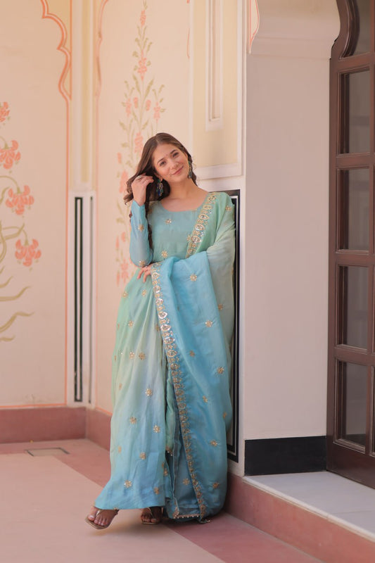 Women sky color salwar suit for wedding
