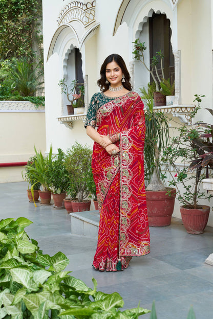 Red color georgette pitha work saree USA