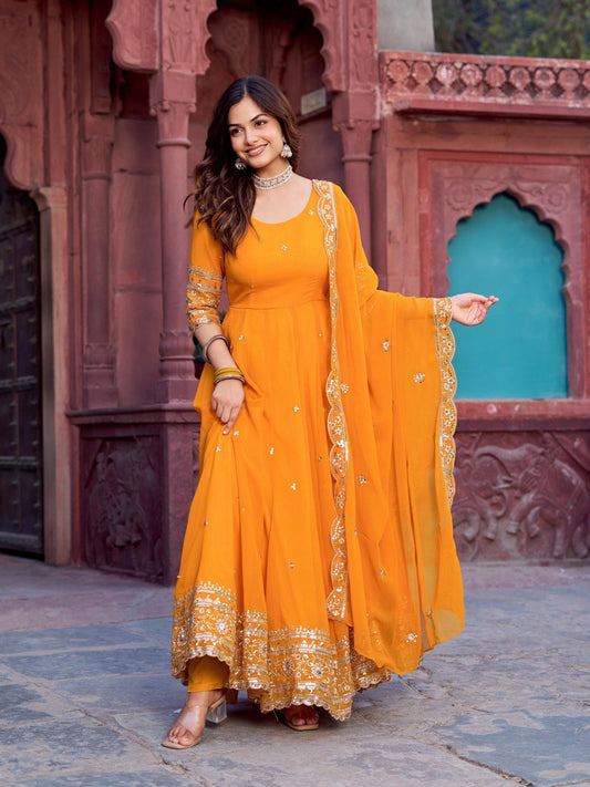 Yellow color georgette gown for wedding
