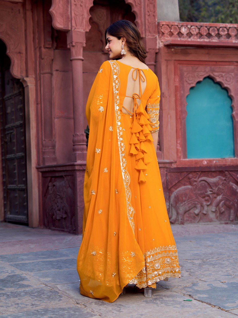 Yellow color georgette gown long sleeve
