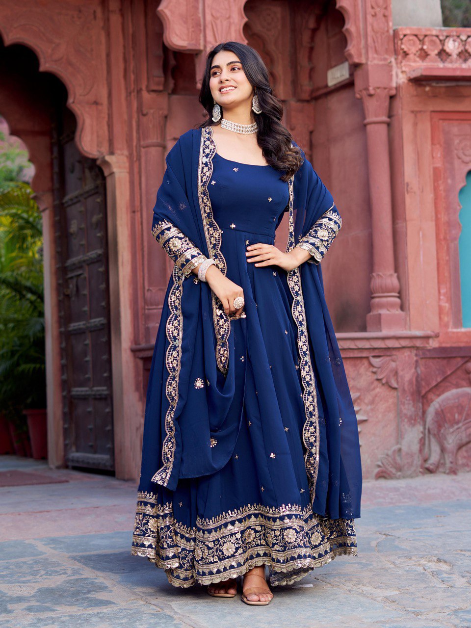 Blue color georgette gown for wedding

