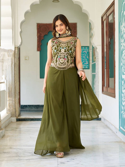 Mehndi color georgette plazzo suit