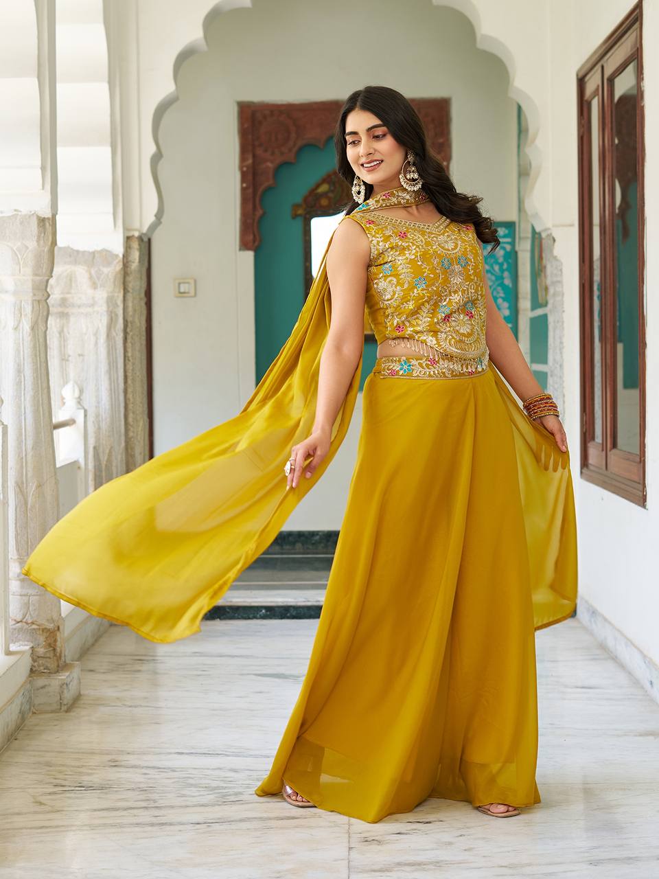 Yellow color georgette plazzo suit