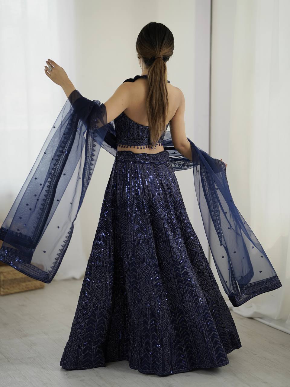 Navy  blue sequins work chaniya choli with dupatta