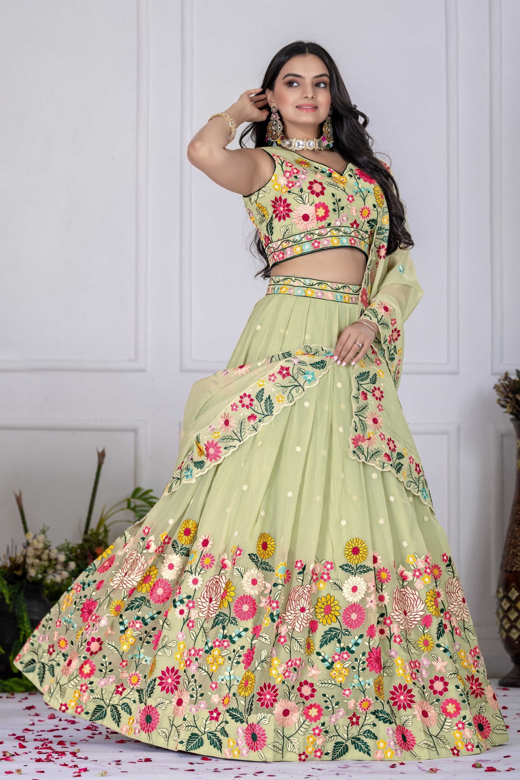Pista color crystal chaniya choli for wedding