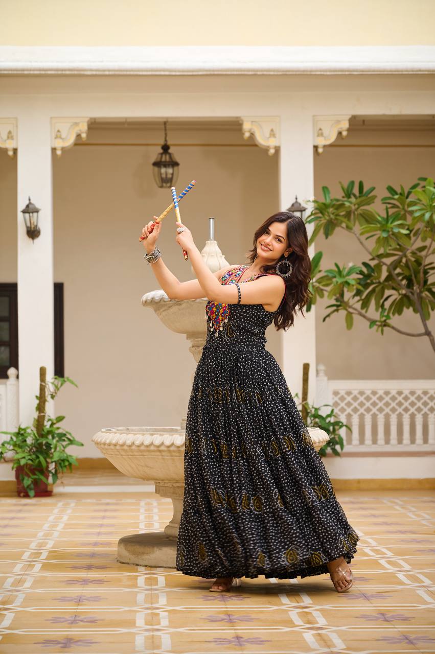 Long black color navratri georgette gown for women
