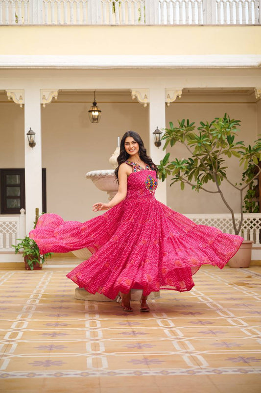 Floral pink color navratri georgette gown for women
