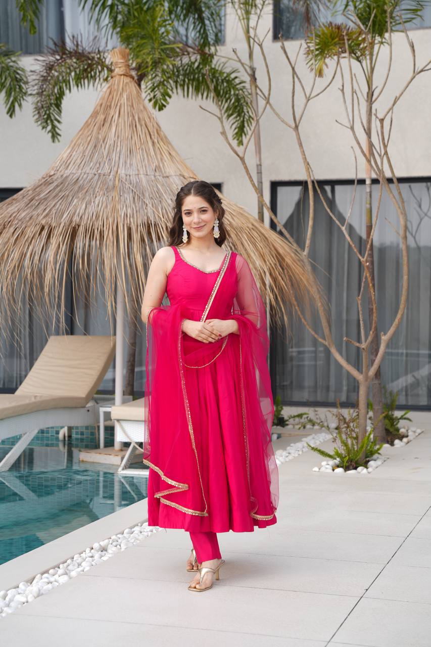 Pink color chanderi salwar suit