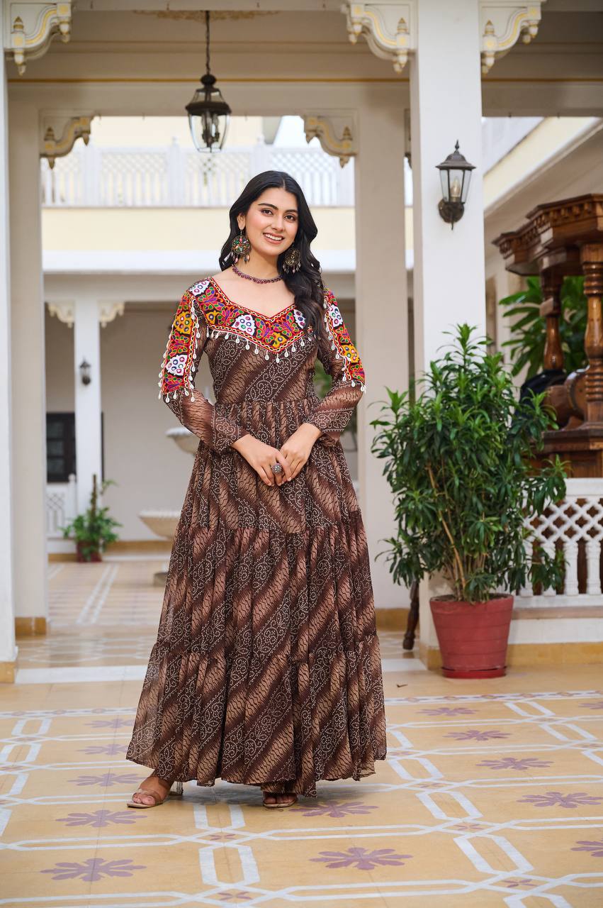 Long brown color navratri georgette gown for women

