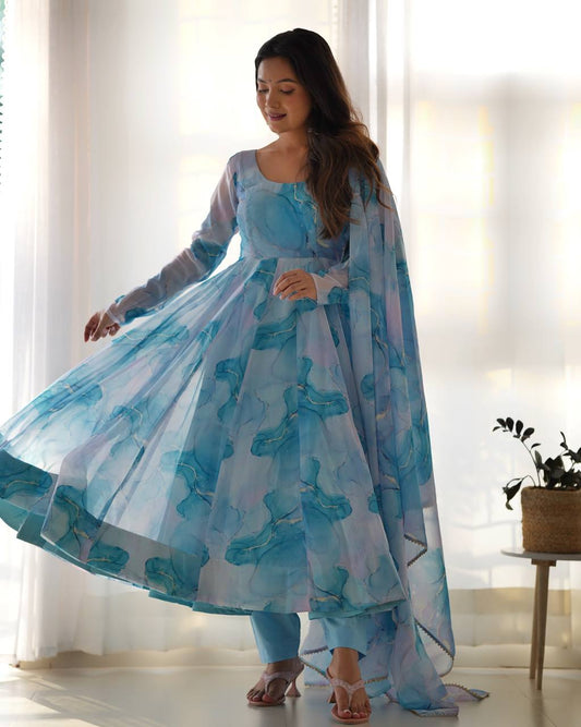 Sky color printed gown