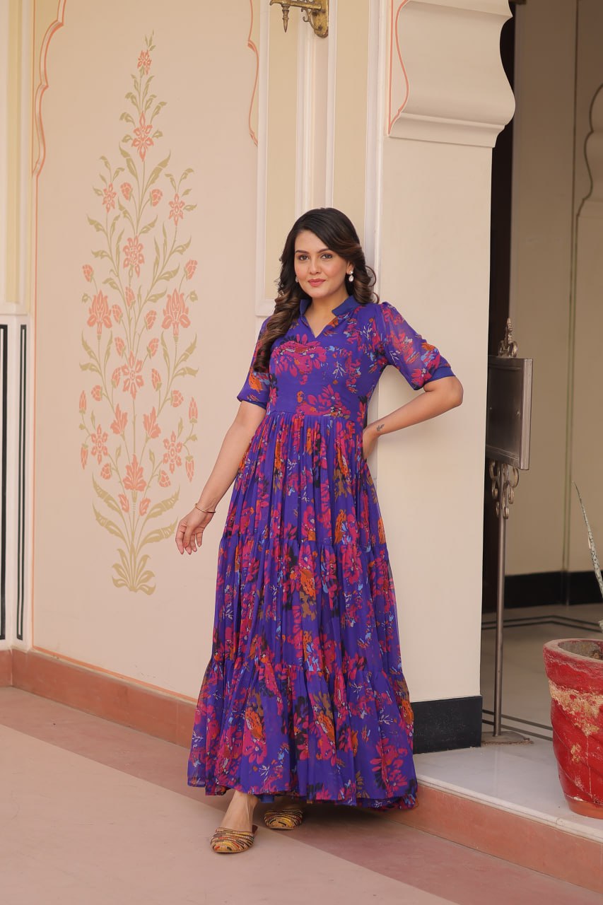 Blue color floral printed gown online
