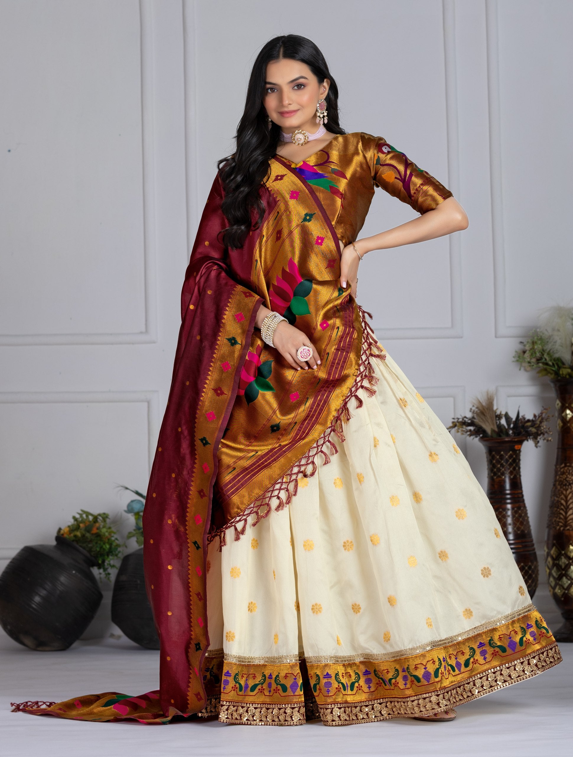 Off white color jacquard lichi silk lehenga choli UK