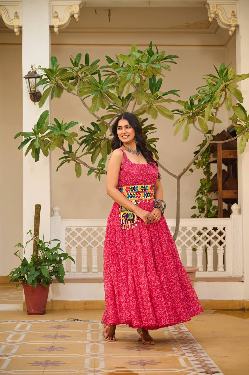 Pink color georgette gown with sleeves
