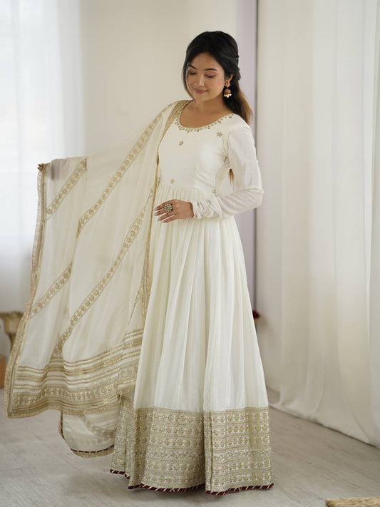 Women white color chinon silk gown
