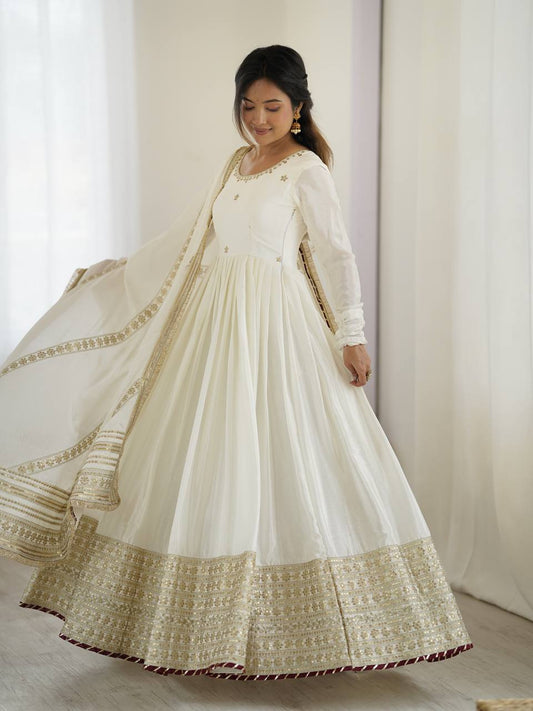 White color chinon silk gown for wedding
