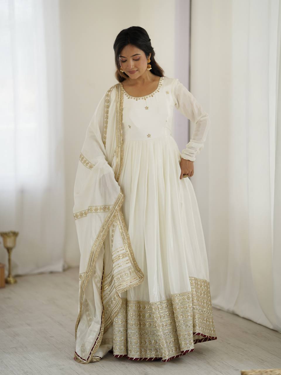 White color chinon silk gown online
