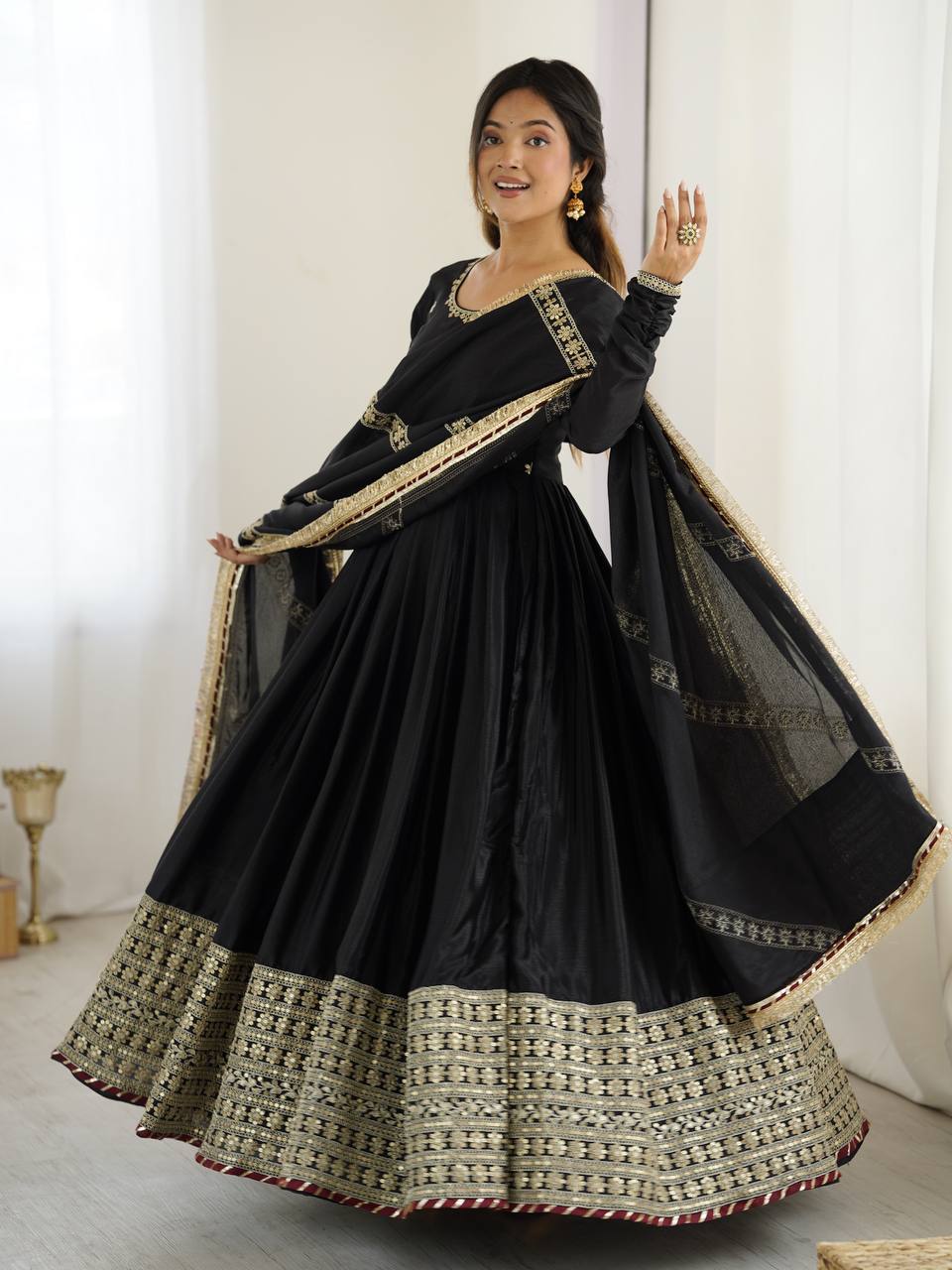 Black color chinon silk gown for wedding
