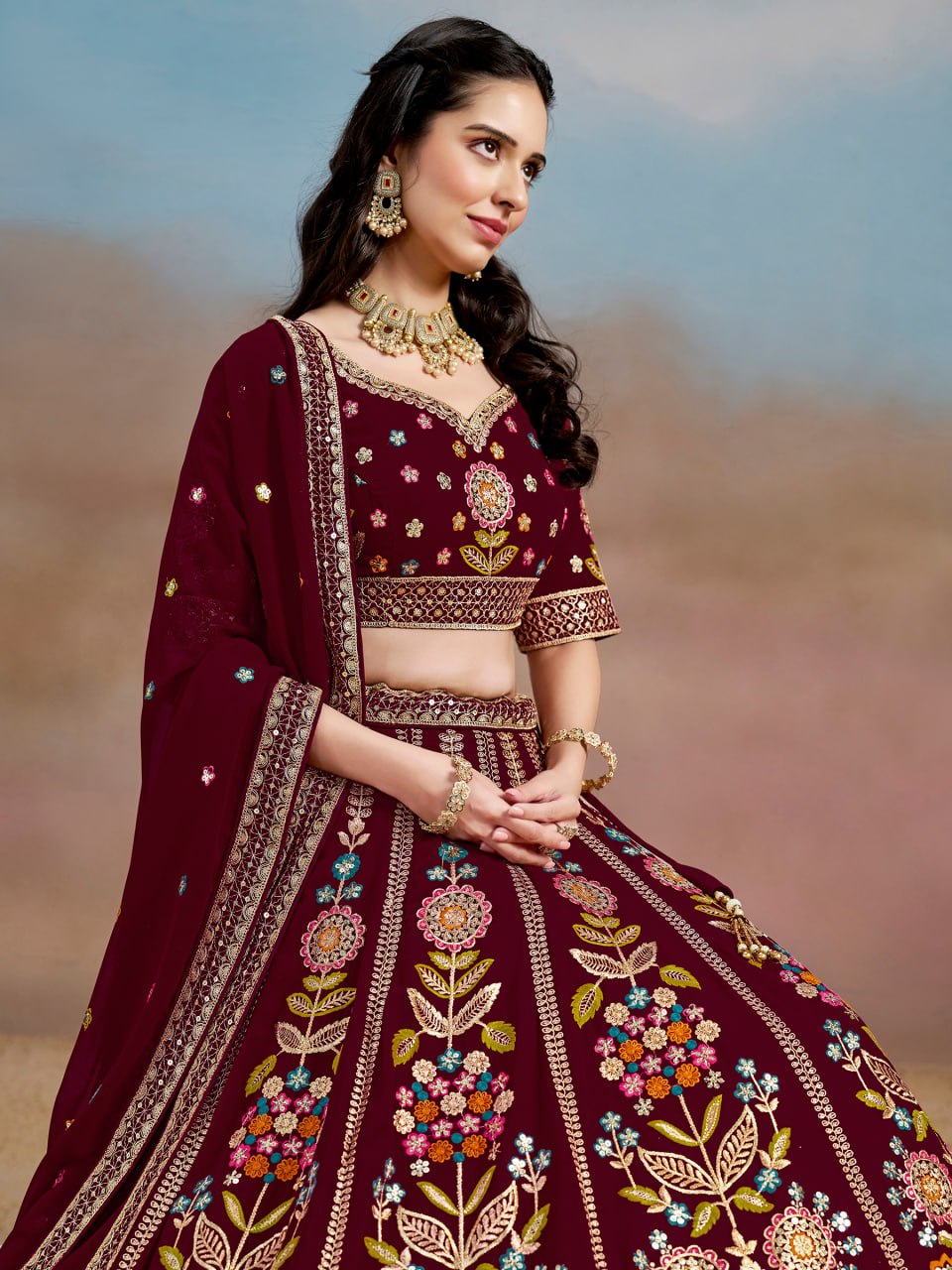 Maroon embroidery work lehenga choli UK